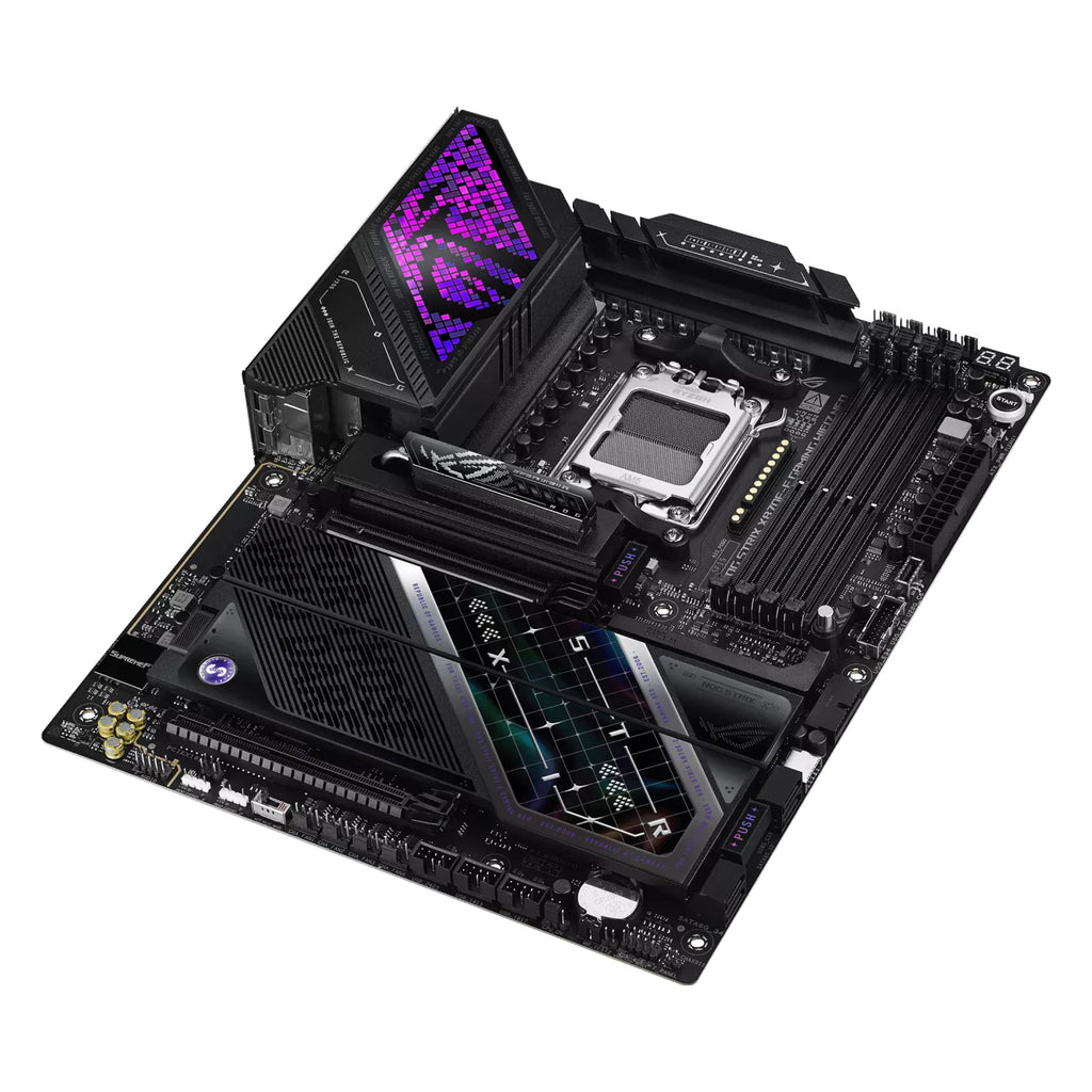 ASUS ROG STRIX X870E-E GAMING WIFI7 NEO — vue de dessus sur fond blanc carré — réf. 90MB1P20-M0EAY0