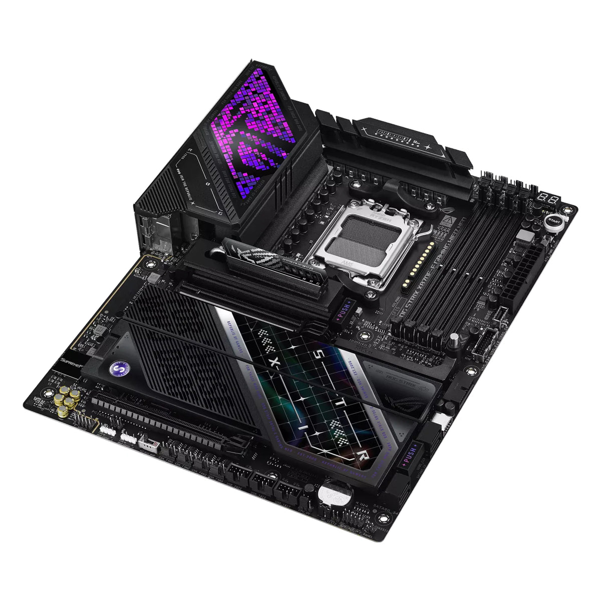 ASUS ROG STRIX X870E-E GAMING WIFI7 NEO — vue de dessus sur fond blanc carré — réf. 90MB1P20-M0EAY0