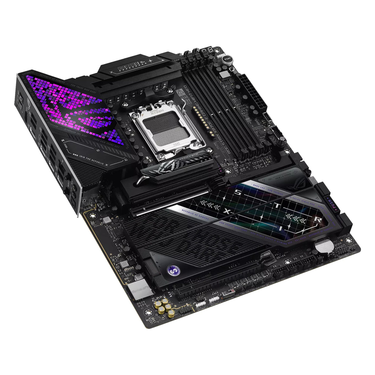 ASUS ROG STRIX X870E-E GAMING WIFI7 NEO — vue de dessus sur fond blanc carré — réf. 90MB1P20-M0EAY0
