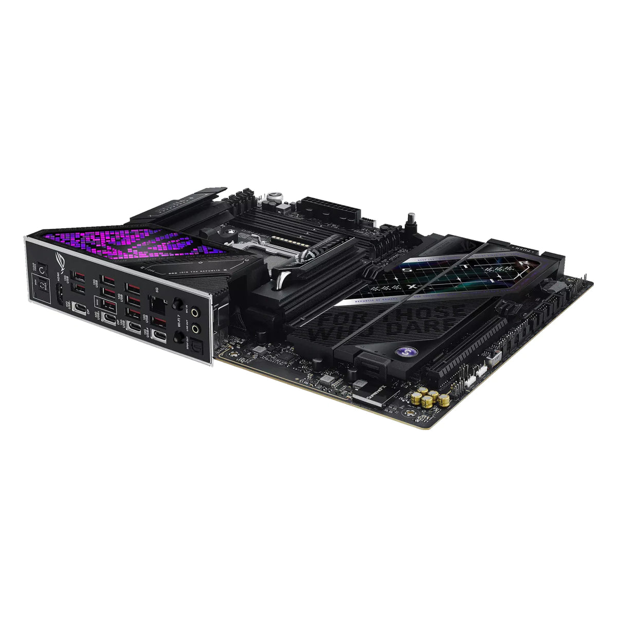 ASUS ROG STRIX X870E-E GAMING WIFI7 NEO — connectique arrière sur fond blanc carré — réf. 90MB1P20-M0EAY0