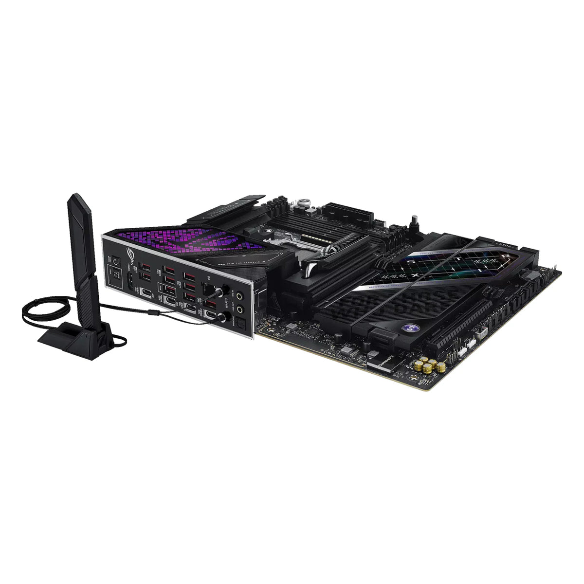 ASUS ROG STRIX X870E-E GAMING WIFI7 NEO — connectique arrière sur fond blanc carré — réf. 90MB1P20-M0EAY0