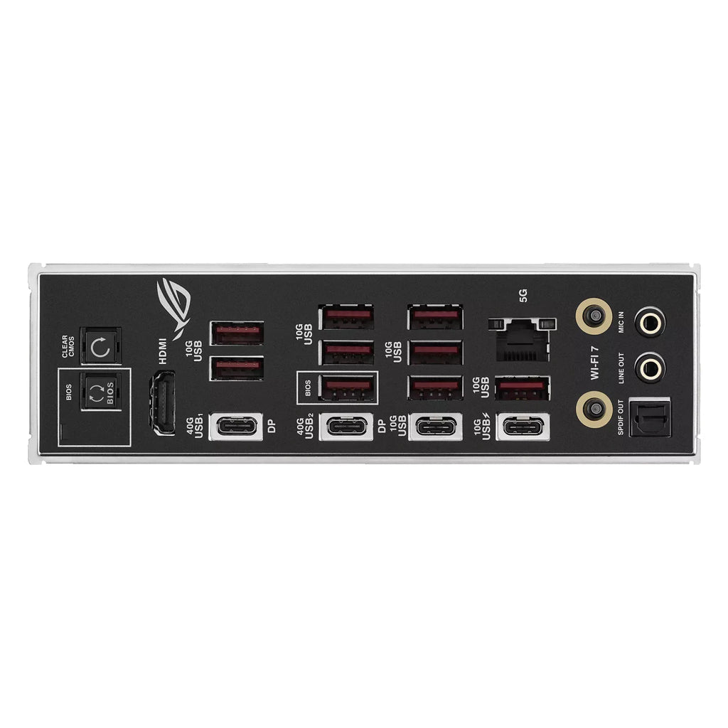 ASUS ROG STRIX X870E-E GAMING WIFI7 NEO — connectique arrière sur fond blanc carré — réf. 90MB1P20-M0EAY0