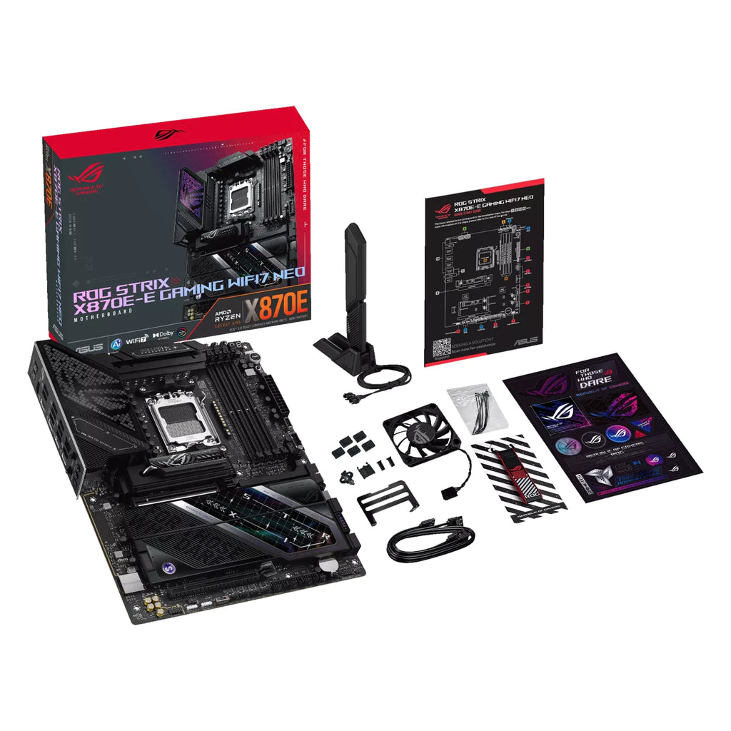 ASUS ROG STRIX X870E-E GAMING WIFI7 NEO — vue avec emballage sur fond blanc carré — réf. 90MB1P20-M0EAY0