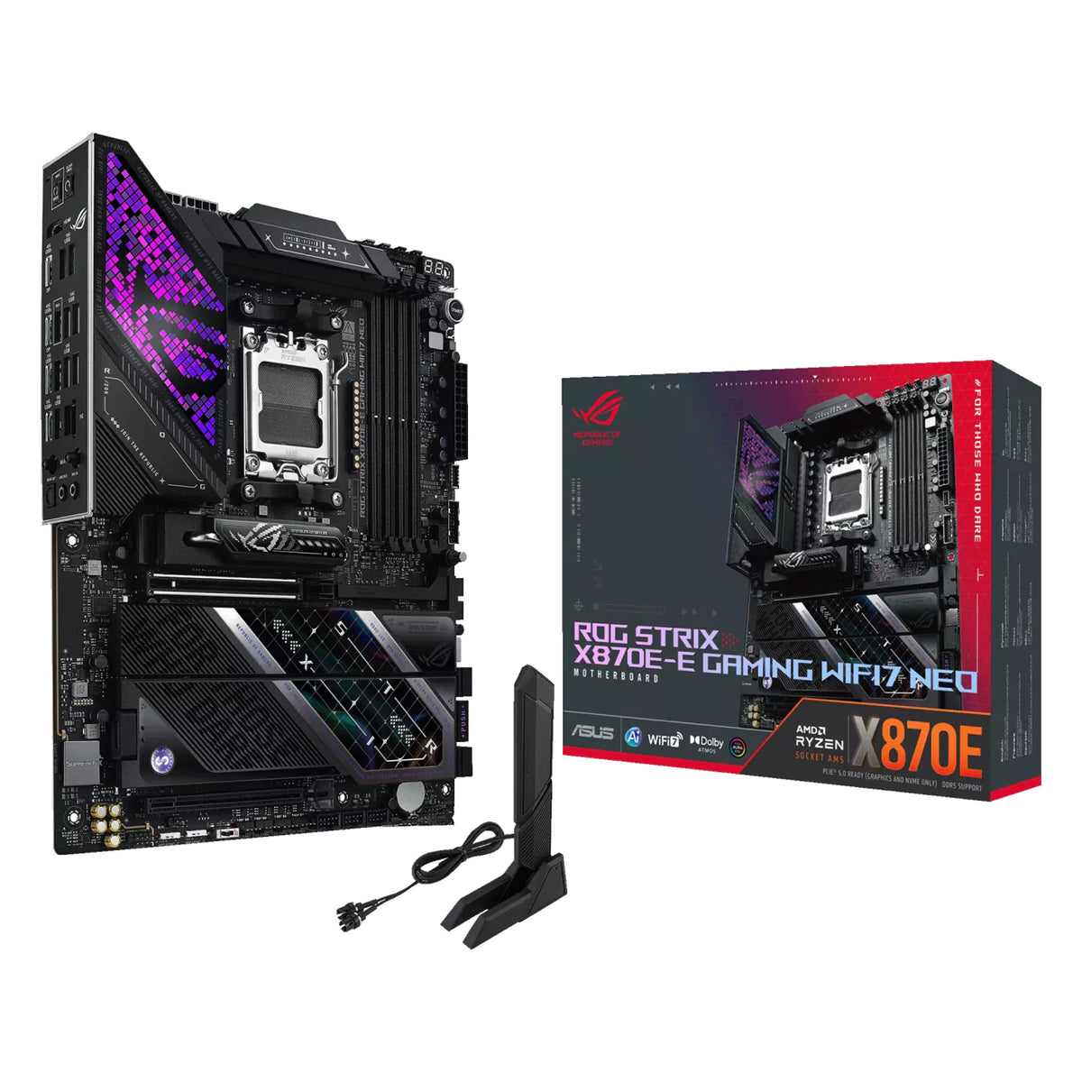 ASUS ROG STRIX X870E-E GAMING WIFI7 NEO — vue en perspective à 45 degrés sur fond blanc carré — réf. 90MB1P20-M0EAY0