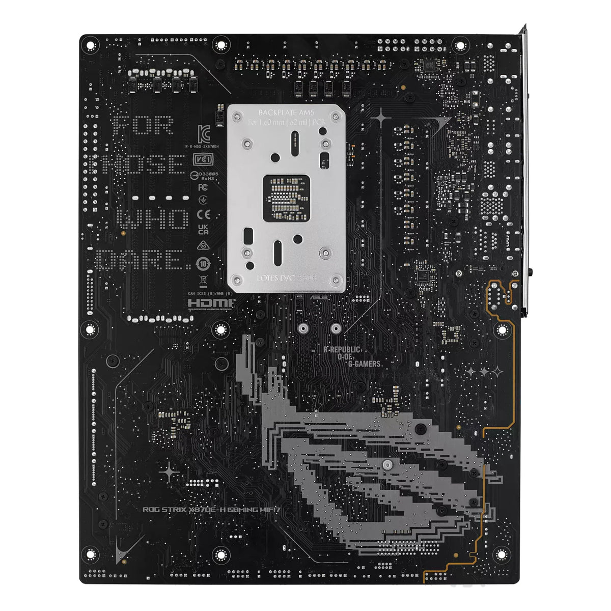 ASUS ROG STRIX X870E-H GAMING WIFI7 — vue arrière sur fond blanc carré — réf. 90MB1M90-M0EAY0