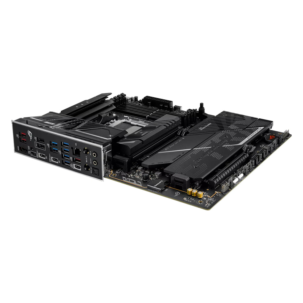 ASUS ROG STRIX X870E-H GAMING WIFI7 — connectique arrière sur fond blanc carré — réf. 90MB1M90-M0EAY0