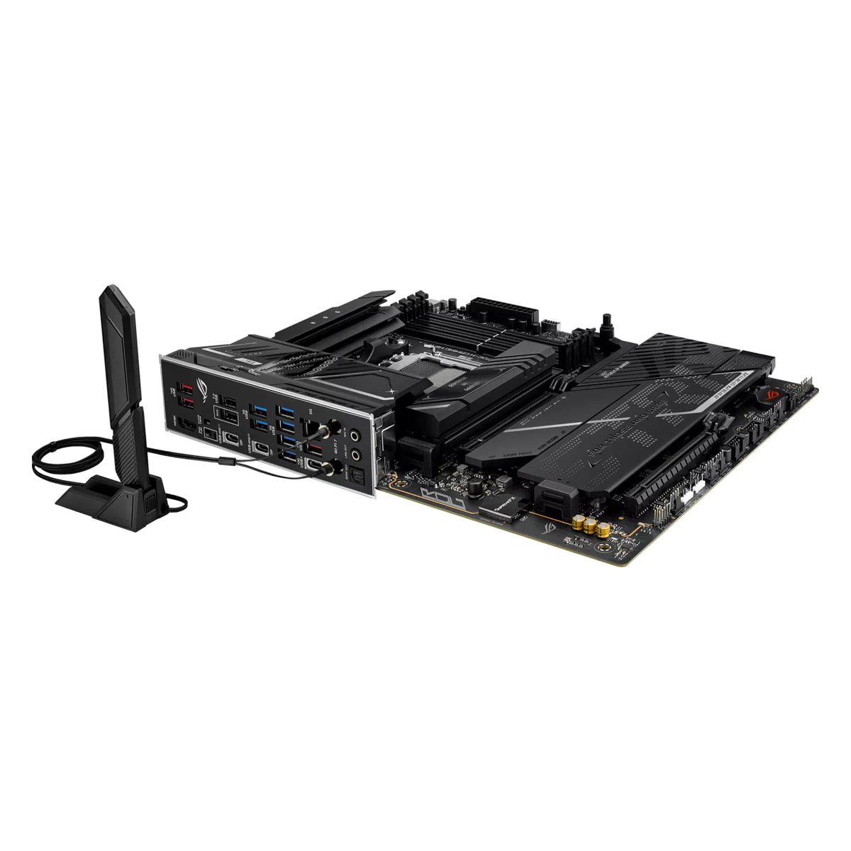 ASUS ROG STRIX X870E-H GAMING WIFI7 — vue avec antenne Wi-Fi sur fond blanc carré — réf. 90MB1M90-M0EAY0