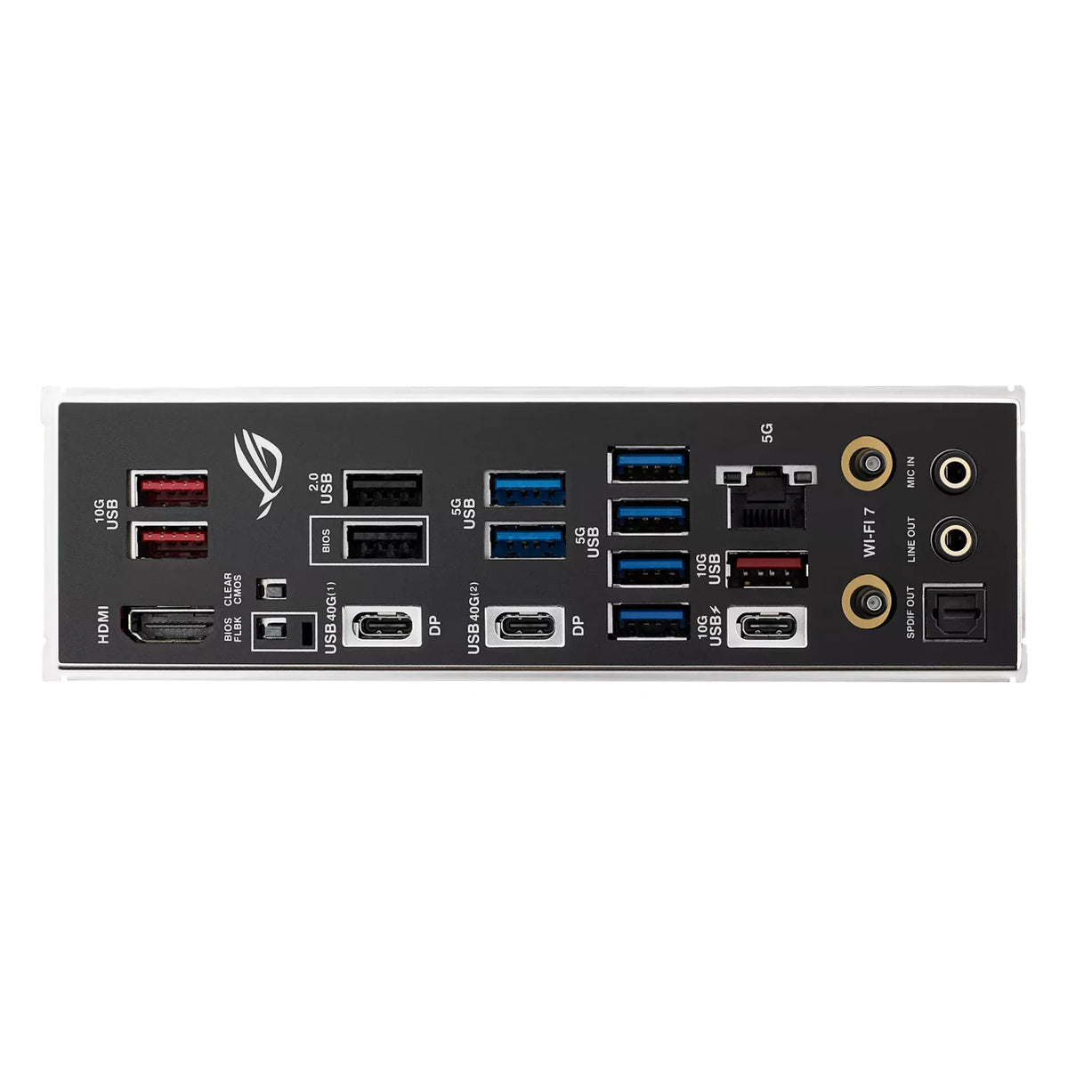 ASUS ROG STRIX X870E-H GAMING WIFI7 — connectique arrière sur fond blanc carré — réf. 90MB1M90-M0EAY0
