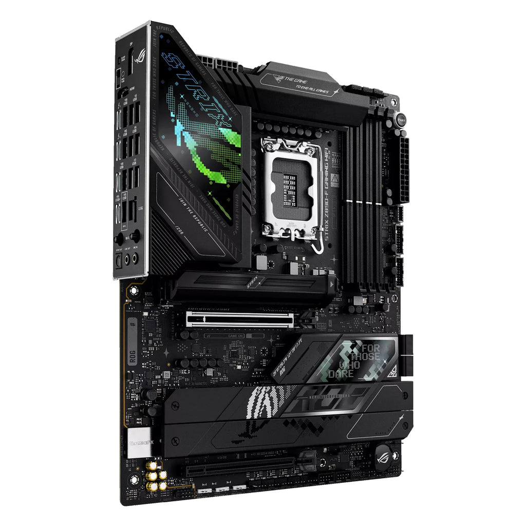 ASUS ROG STRIX Z890-F GAMING WIFI — vue en perspective à 45 degrés sur fond blanc carré — réf. 90MB1I40-M0EAY0