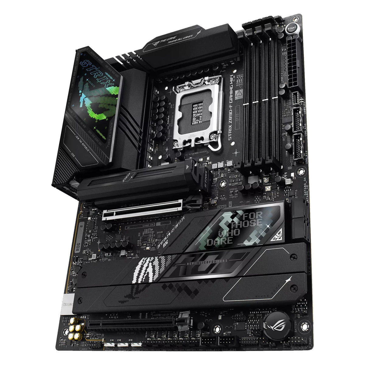 ASUS ROG STRIX Z890-F GAMING WIFI — vue en perspective à 60 degrés sur fond blanc carré — réf. 90MB1I40-M0EAY0