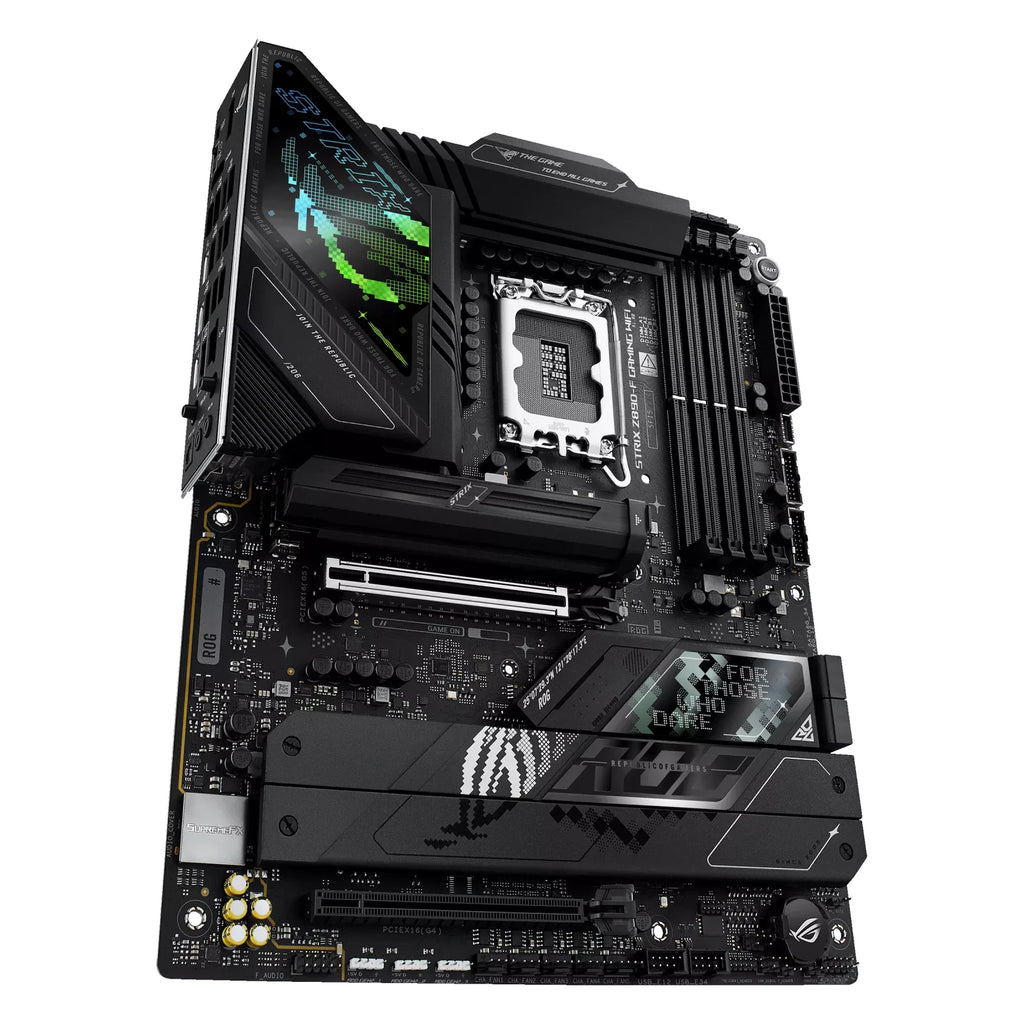 ASUS ROG STRIX Z890-F GAMING WIFI — vue en perspective à 60 degrés sur fond blanc carré — réf. 90MB1I40-M0EAY0