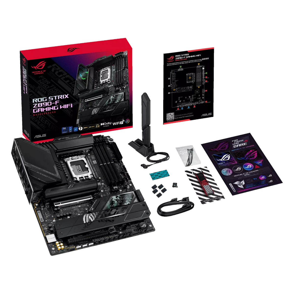 ASUS ROG STRIX Z890-F GAMING WIFI — vue avec emballage sur fond blanc carré — réf. 90MB1I40-M0EAY0