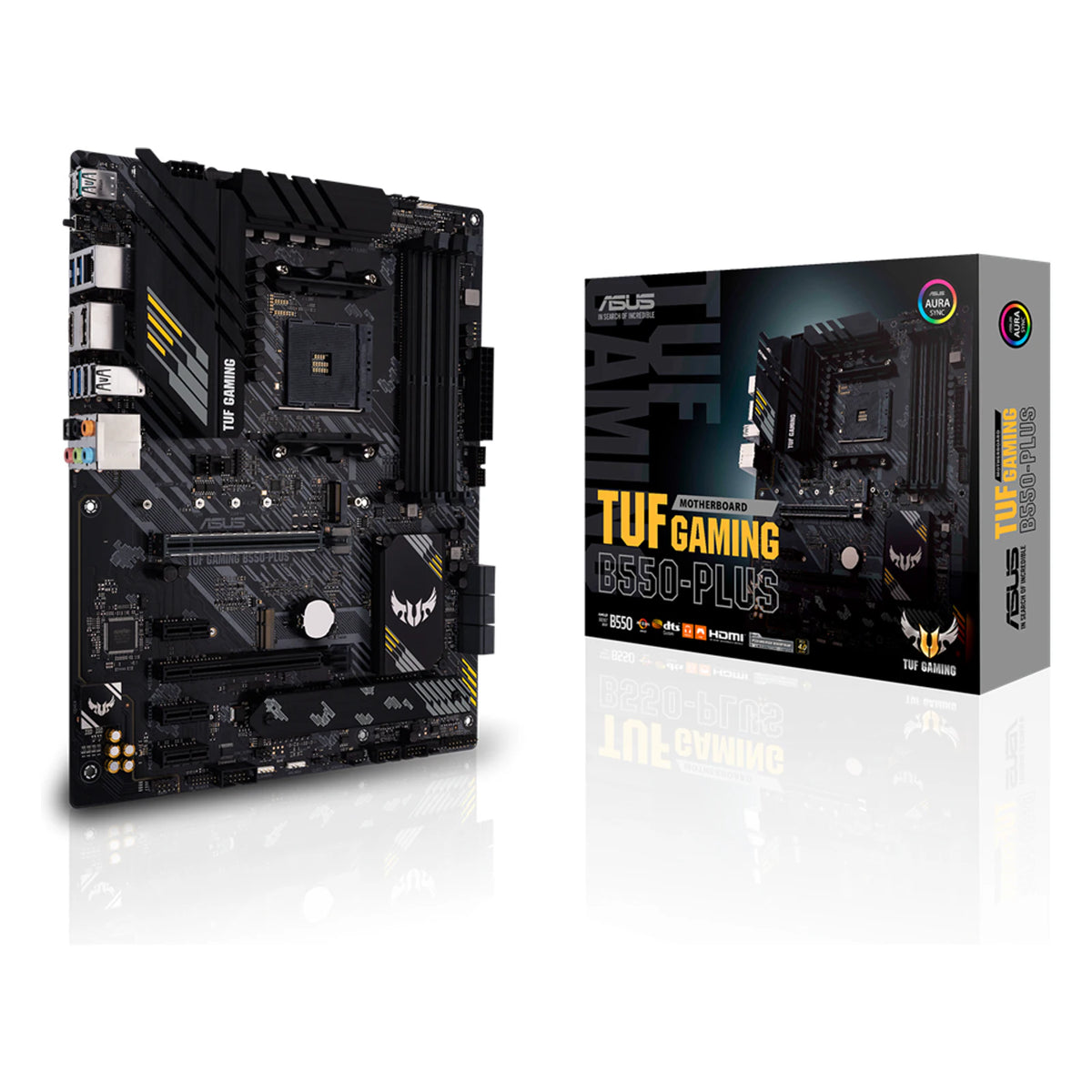 ASUS TUF GAMING B550-PLUS — vue produit 3 sur fond blanc carré — réf. 90MB14G0-M0EAY0