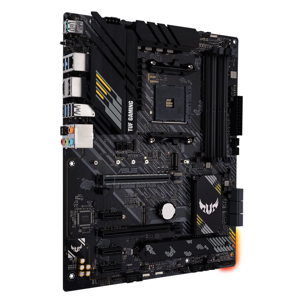 ASUS TUF GAMING B550-PLUS — vue produit 4 sur fond blanc carré — réf. 90MB14G0-M0EAY0
