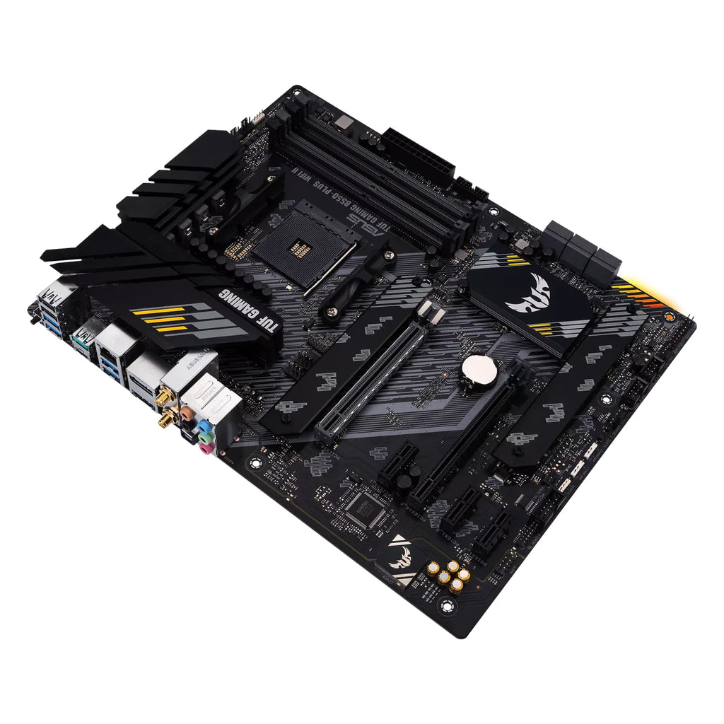 ASUS TUF GAMING B550-PLUS WIFI II — vue en perspective à 45 degrés sur fond blanc carré — réf. 90MB19U0-M0EAY0