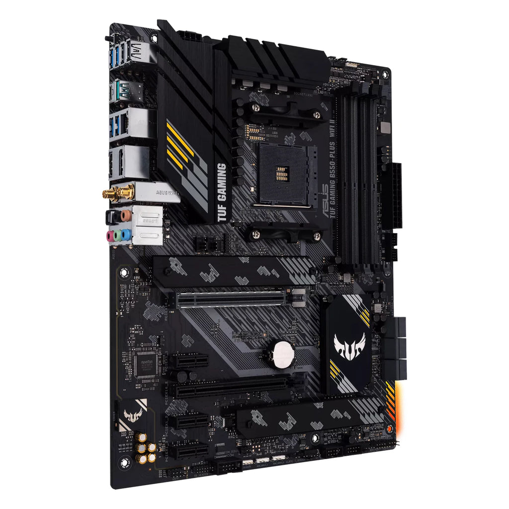 ASUS TUF GAMING B550-PLUS WIFI II — vue en perspective à 45 degrés sur fond blanc carré — réf. 90MB19U0-M0EAY0