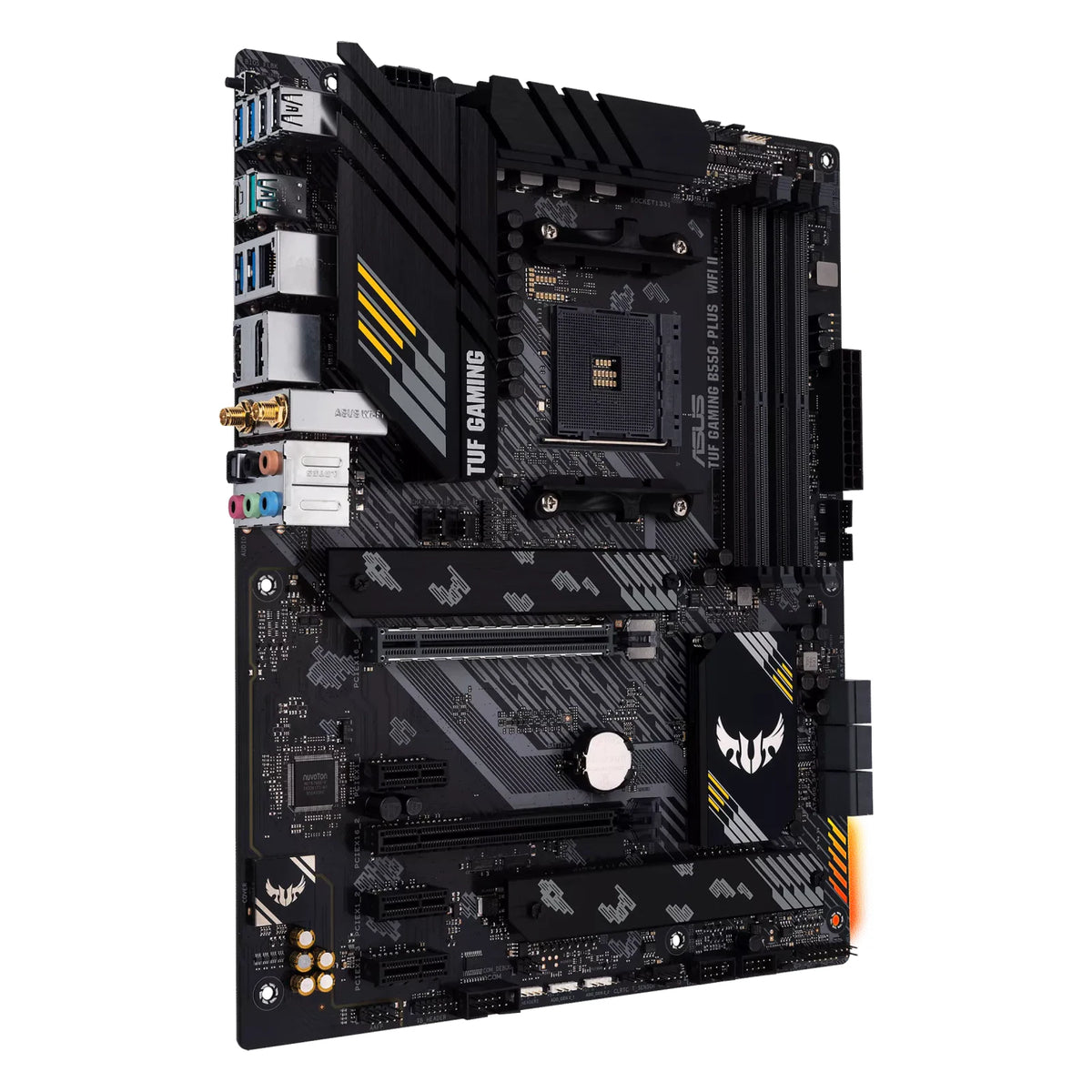 ASUS TUF GAMING B550-PLUS WIFI II — vue en perspective à 45 degrés sur fond blanc carré — réf. 90MB19U0-M0EAY0