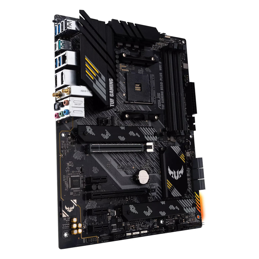 ASUS TUF GAMING B550-PLUS WIFI II — vue en perspective à 45 degrés sur fond blanc carré — réf. 90MB19U0-M0EAY0
