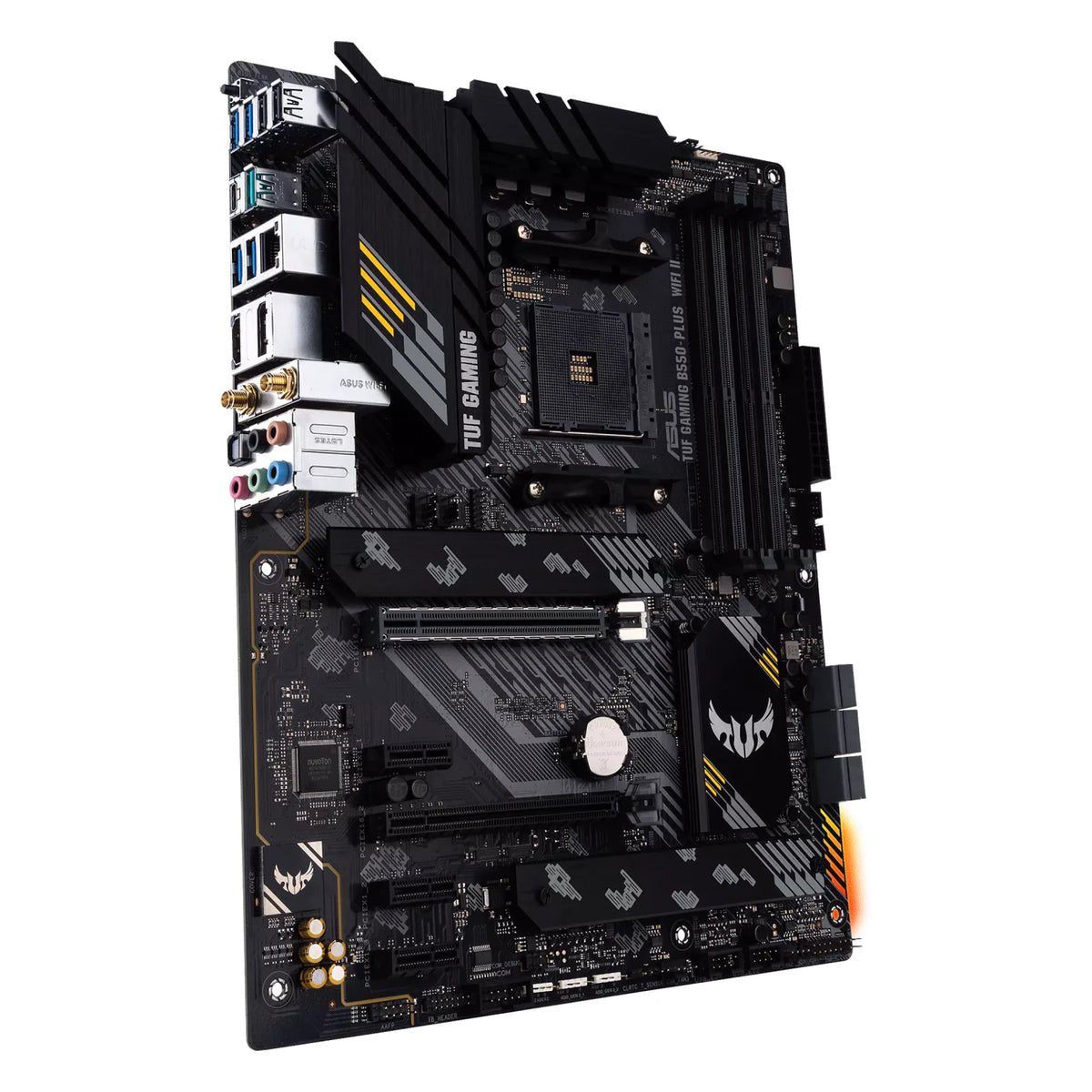 ASUS TUF GAMING B550-PLUS WIFI II — vue en perspective à 45 degrés sur fond blanc carré — réf. 90MB19U0-M0EAY0
