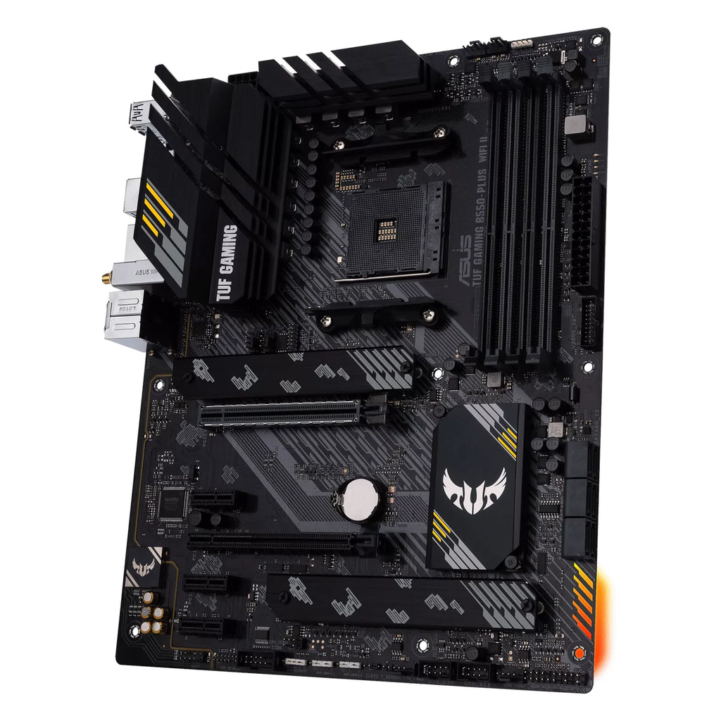 ASUS TUF GAMING B550-PLUS WIFI II — vue en perspective à 45 degrés sur fond blanc carré — réf. 90MB19U0-M0EAY0