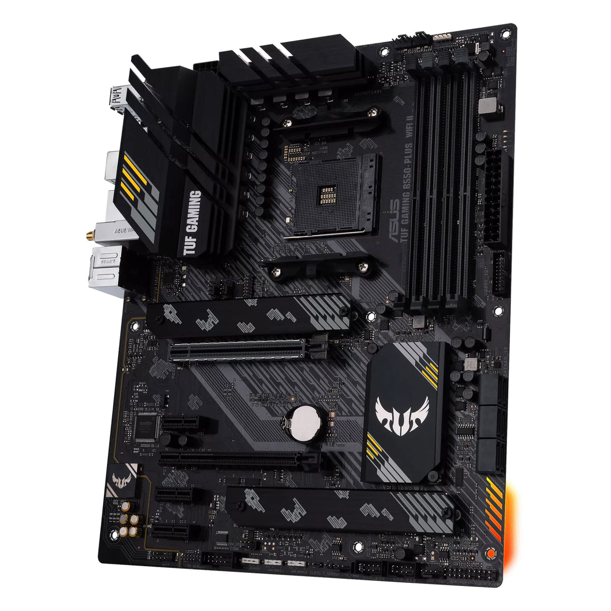 ASUS TUF GAMING B550-PLUS WIFI II — vue en perspective à 45 degrés sur fond blanc carré — réf. 90MB19U0-M0EAY0