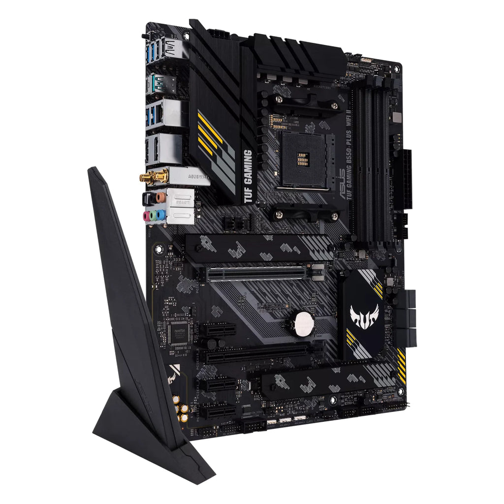 ASUS TUF GAMING B550-PLUS WIFI II — vue avec antenne Wi-Fi sur fond blanc carré — réf. 90MB19U0-M0EAY0