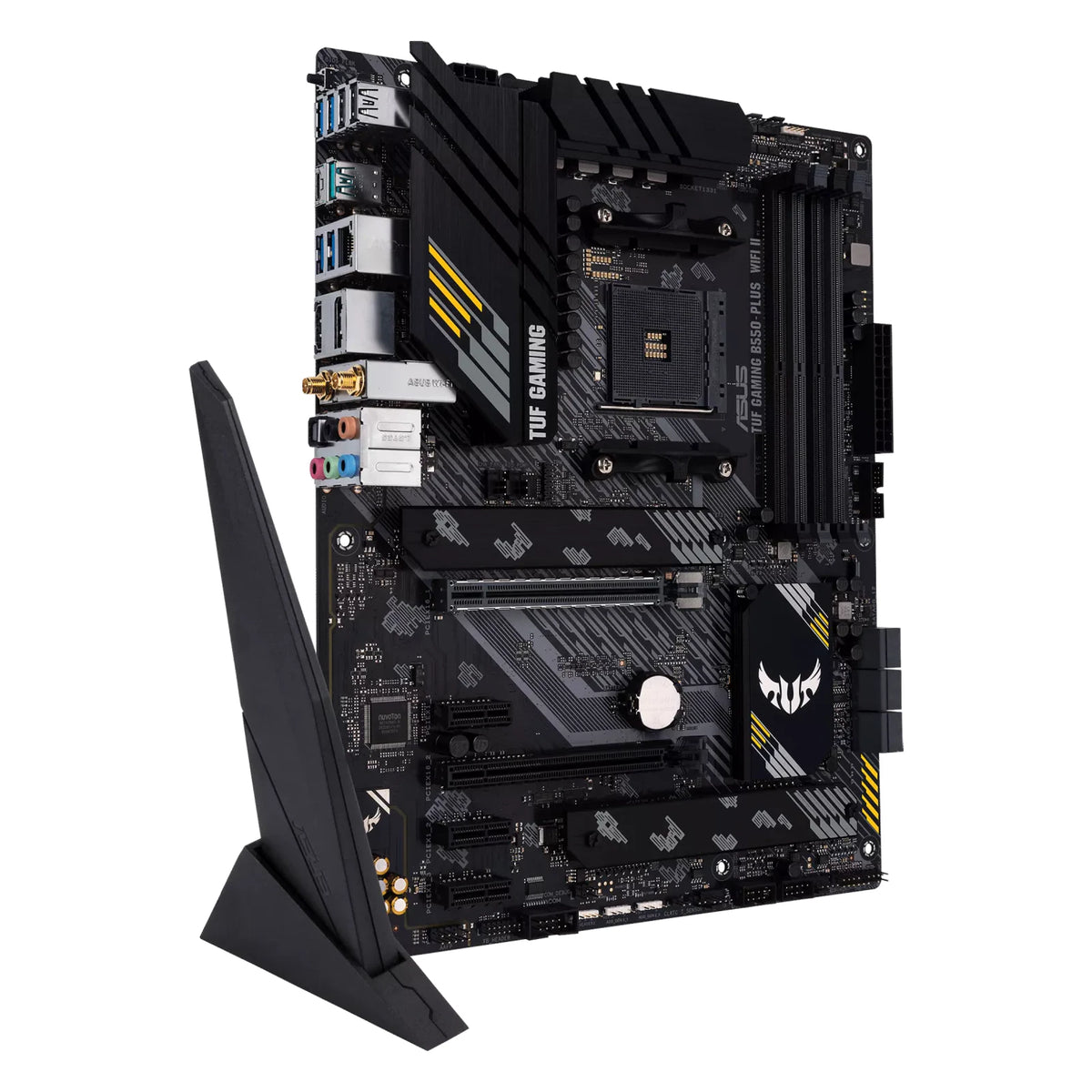 ASUS TUF GAMING B550-PLUS WIFI II — vue avec antenne Wi-Fi sur fond blanc carré — réf. 90MB19U0-M0EAY0