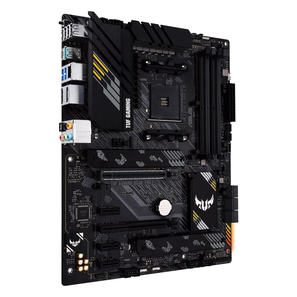 ASUS TUF GAMING B550-PRO — vue en perspective à 45 degrés sur fond blanc carré — réf. 90MB17R0-M0EAY0