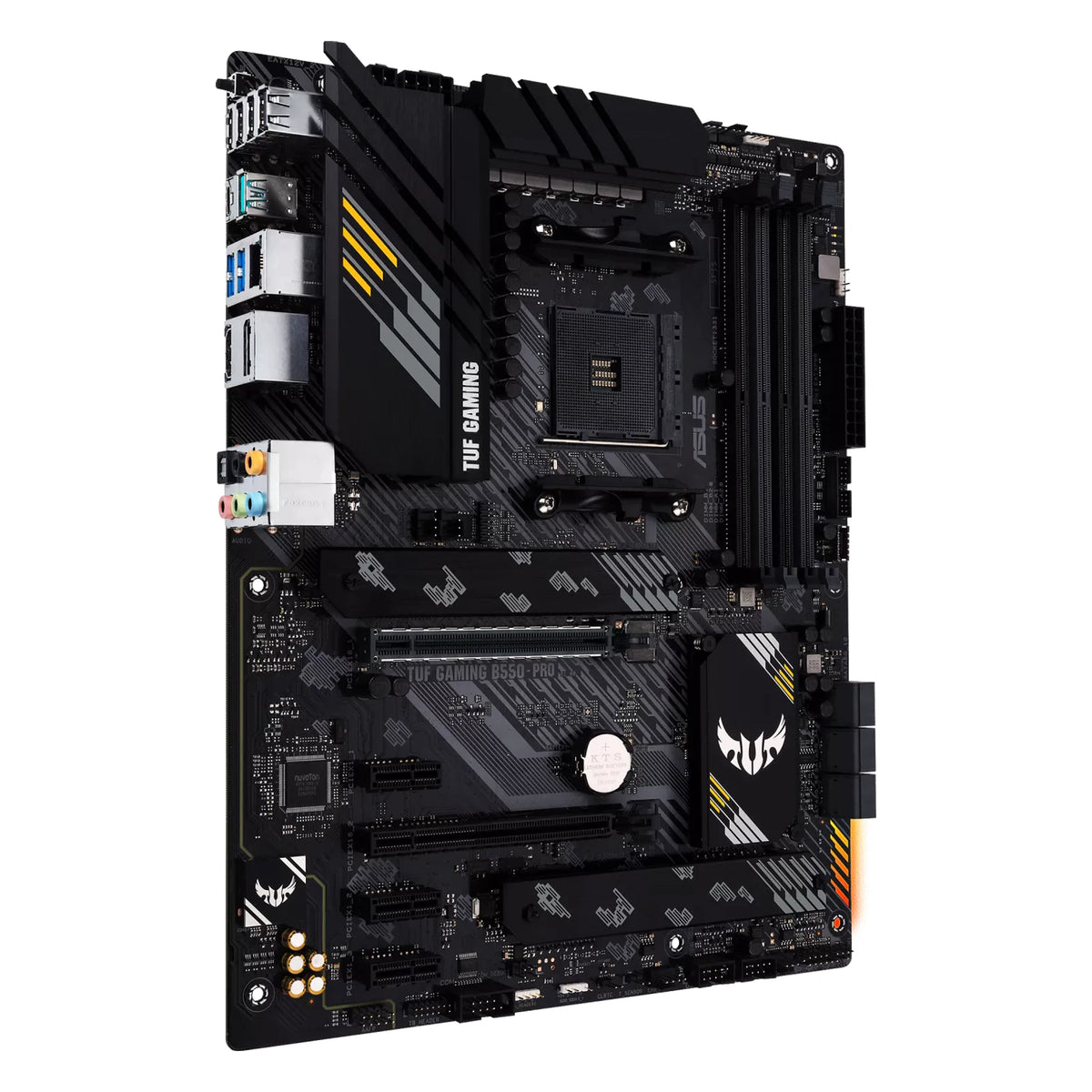 ASUS TUF GAMING B550-PRO — vue en perspective à 45 degrés sur fond blanc carré — réf. 90MB17R0-M0EAY0