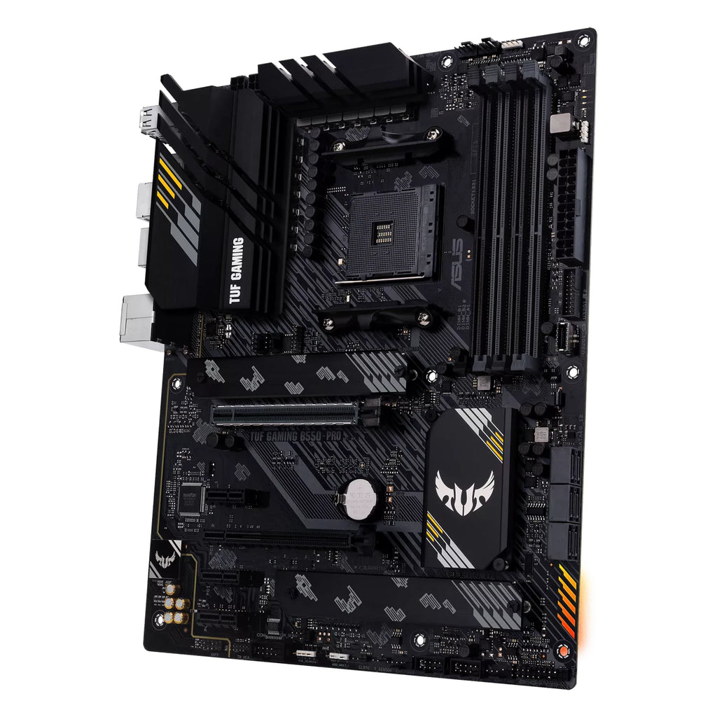 ASUS TUF GAMING B550-PRO — vue en perspective à 45 degrés sur fond blanc carré — réf. 90MB17R0-M0EAY0