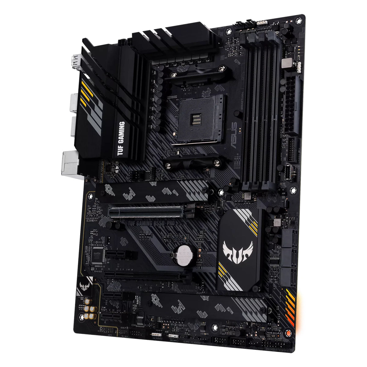 ASUS TUF GAMING B550-PRO — vue en perspective à 45 degrés sur fond blanc carré — réf. 90MB17R0-M0EAY0