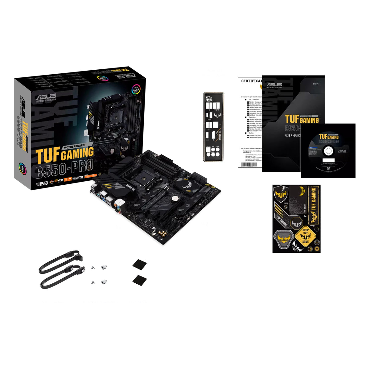 ASUS TUF GAMING B550-PRO — contenu de la boîte sur fond blanc carré — réf. 90MB17R0-M0EAY0