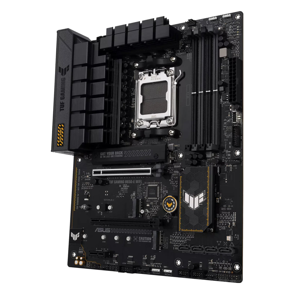 ASUS TUF GAMING B650-E WIFI — vue en perspective à 60 degrés sur fond blanc carré — réf. 90MB1GT0-M0EAY0