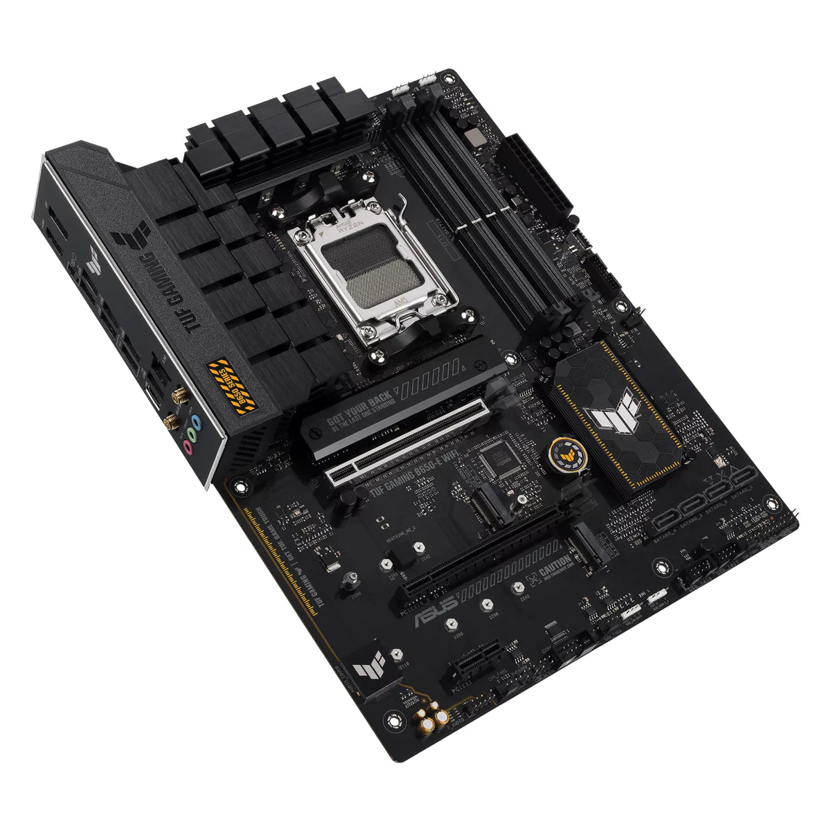 ASUS TUF GAMING B650-E WIFI — vue en perspective à 45 degrés sur fond blanc carré — réf. 90MB1GT0-M0EAY0