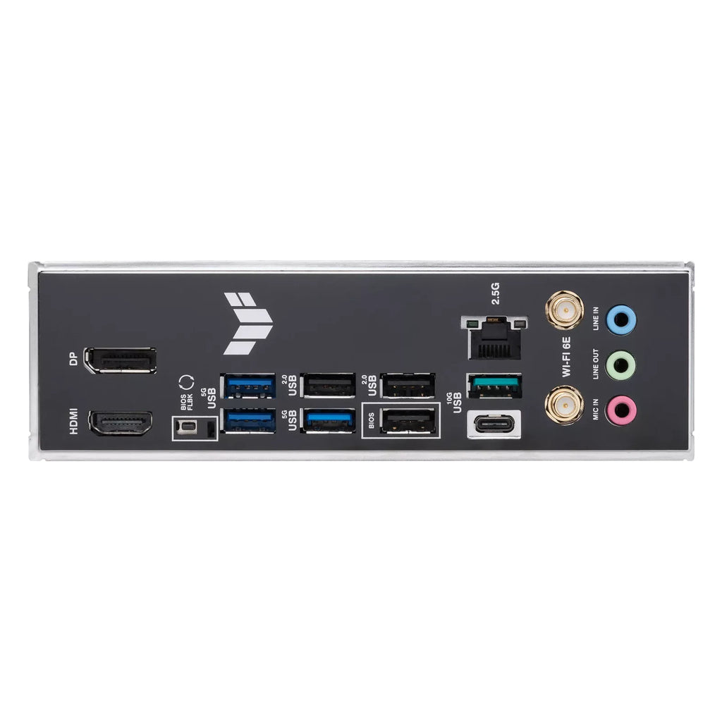 ASUS TUF GAMING B650-E WIFI — connectique arrière sur fond blanc carré — réf. 90MB1GT0-M0EAY0