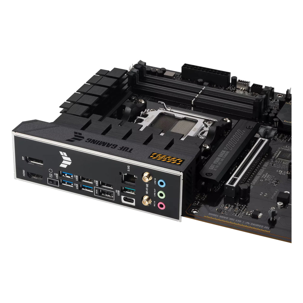 ASUS TUF GAMING B650-E WIFI — plaque des entrées-sorties sur fond blanc carré — réf. 90MB1GT0-M0EAY0