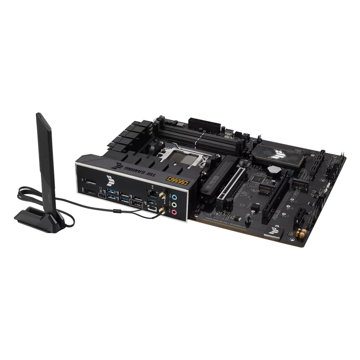 ASUS TUF GAMING B650-E WIFI — vue avec antenne Wi-Fi sur fond blanc carré — réf. 90MB1GT0-M0EAY0