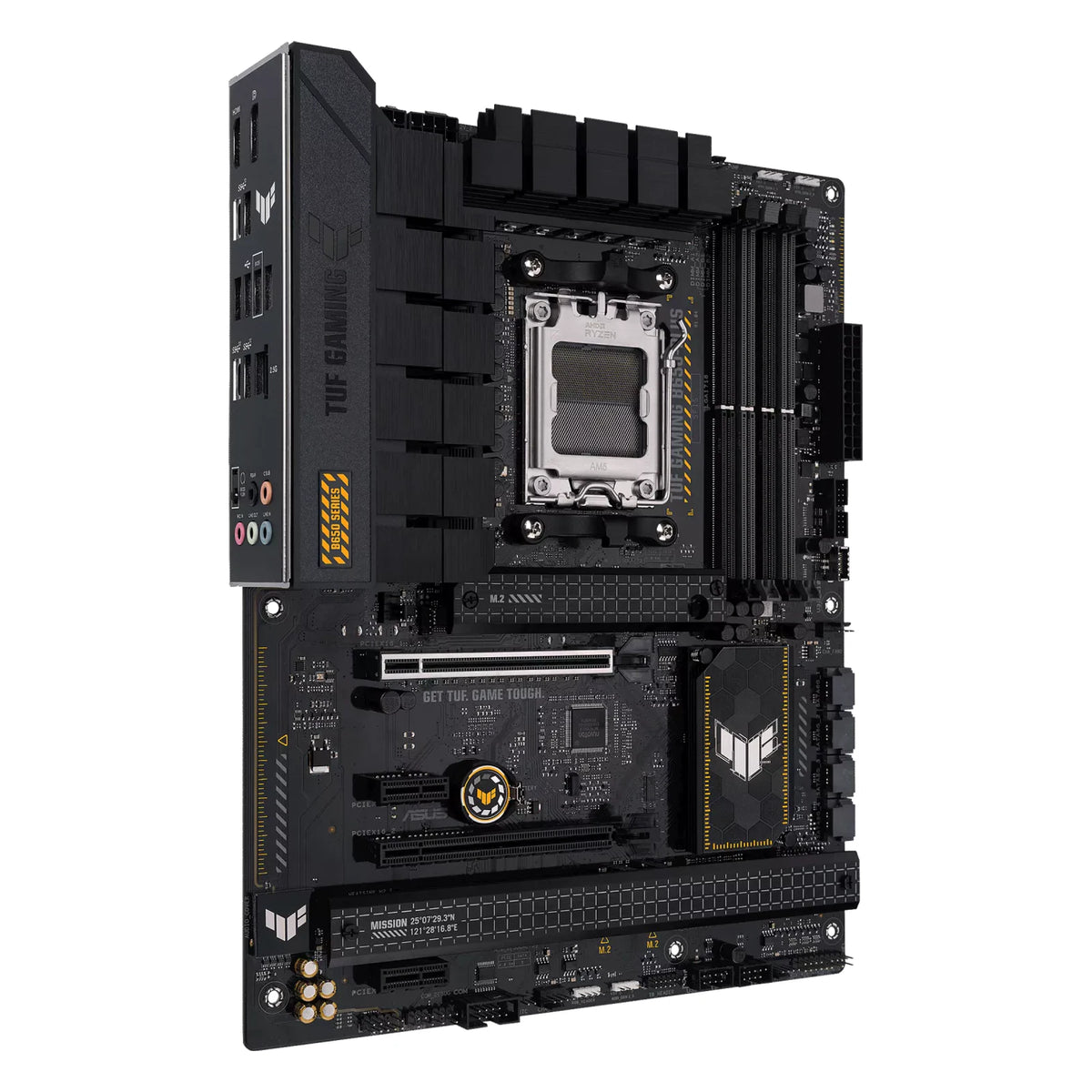 ASUS TUF GAMING B650-PLUS — vue en perspective à 45 degrés sur fond blanc carré — réf. 90MB1BY0-M0EAY0