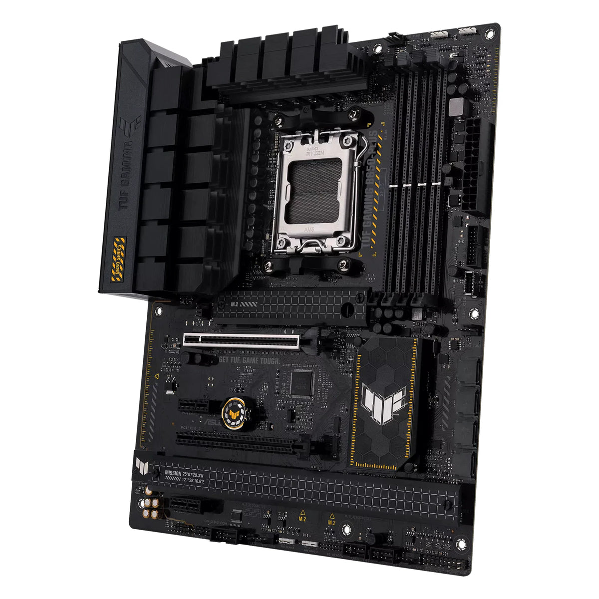 ASUS TUF GAMING B650-PLUS — vue en perspective à 45 degrés sur fond blanc carré — réf. 90MB1BY0-M0EAY0