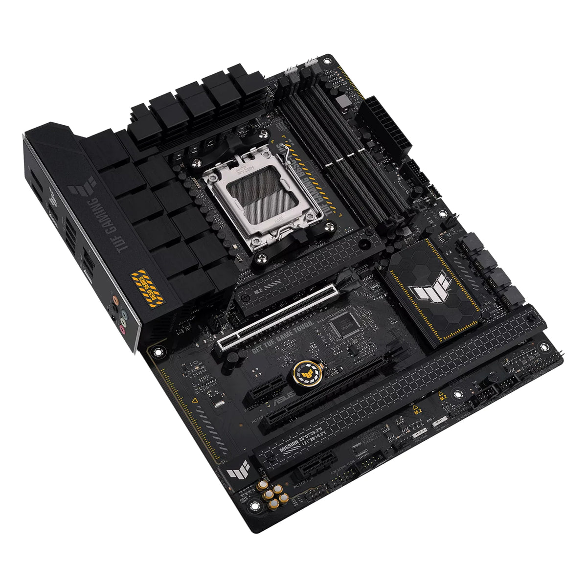 ASUS TUF GAMING B650-PLUS — vue en perspective à 45 degrés sur fond blanc carré — réf. 90MB1BY0-M0EAY0