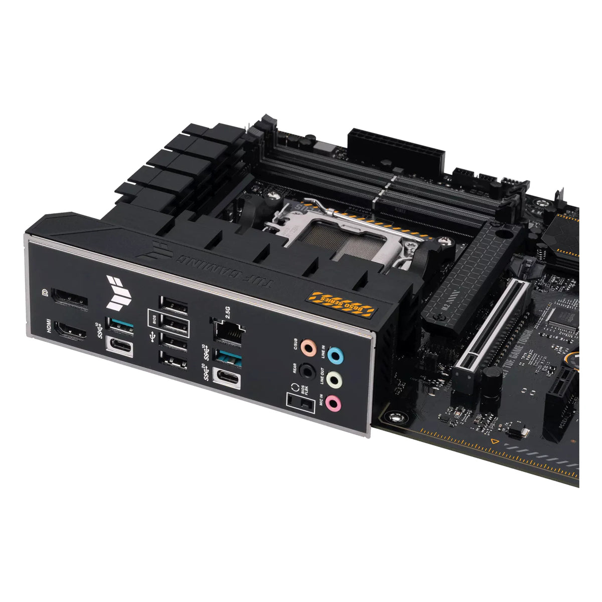 ASUS TUF GAMING B650-PLUS — connectique arrière sur fond blanc carré — réf. 90MB1BY0-M0EAY0