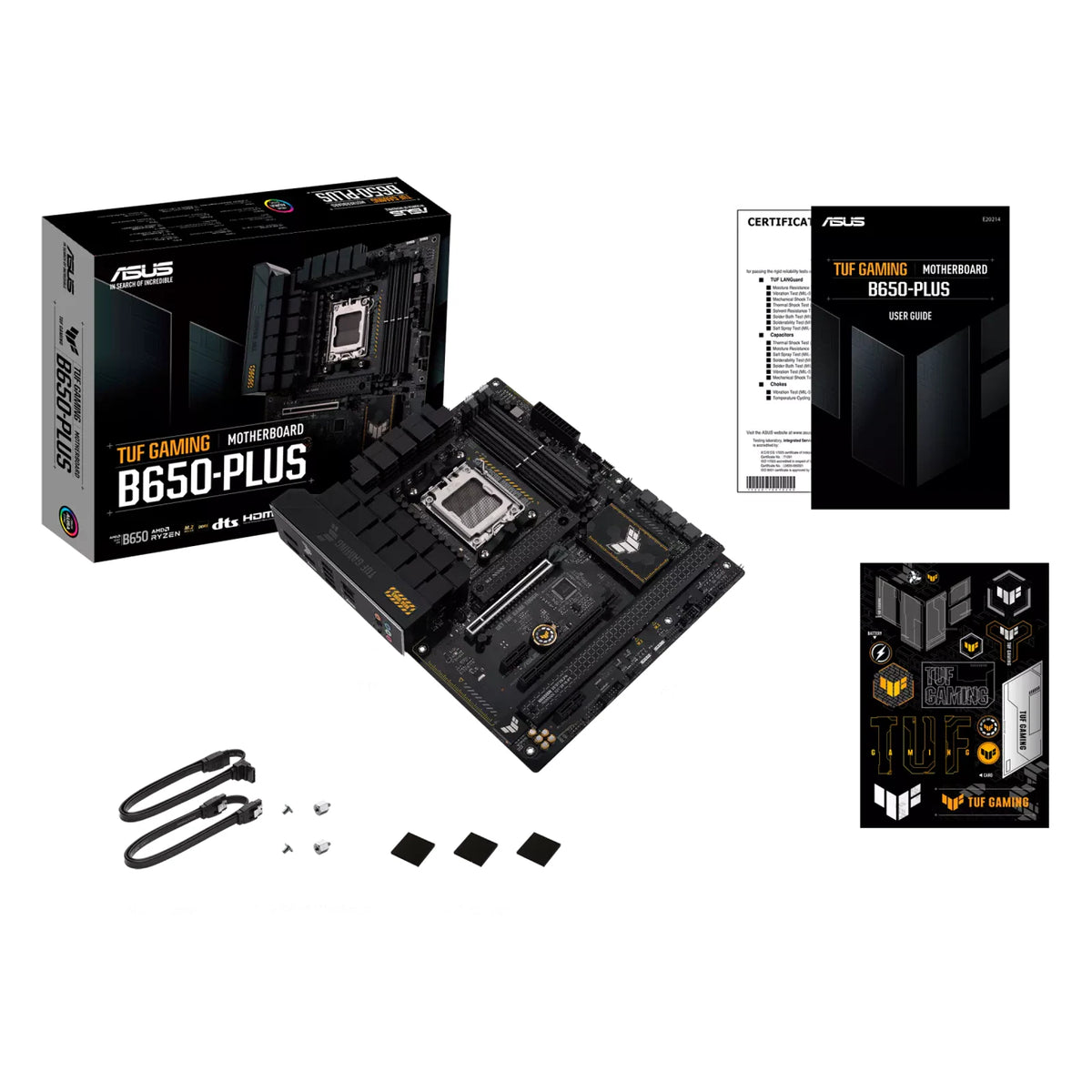 ASUS TUF GAMING B650-PLUS — contenu de la boîte sur fond blanc carré — réf. 90MB1BY0-M0EAY0