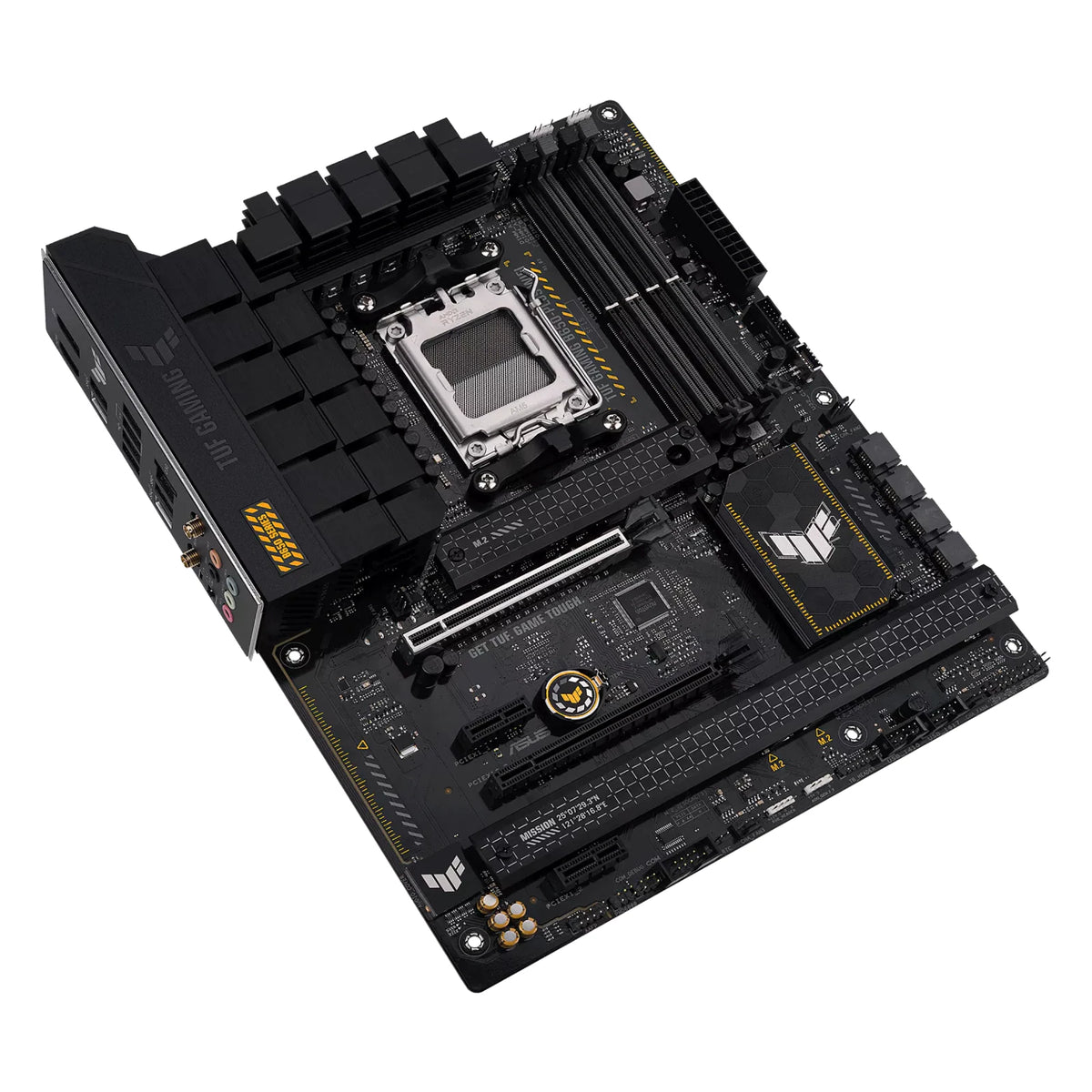 ASUS TUF GAMING B650-PLUS WIFI — vue en perspective à 45 degrés sur fond blanc carré — réf. 90MB1BZ0-M0EAY0
