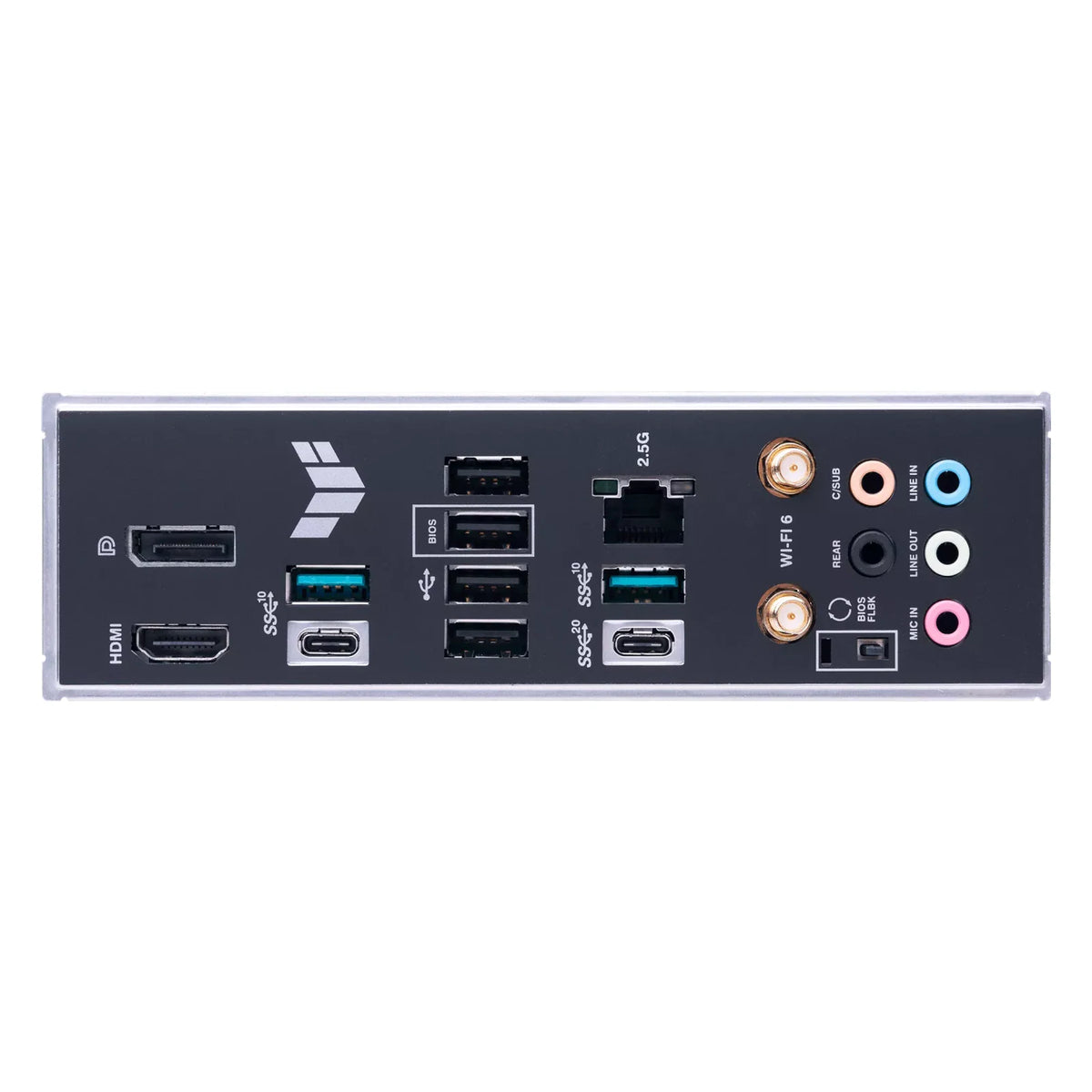 ASUS TUF GAMING B650-PLUS WIFI — connectique arrière sur fond blanc carré — réf. 90MB1BZ0-M0EAY0