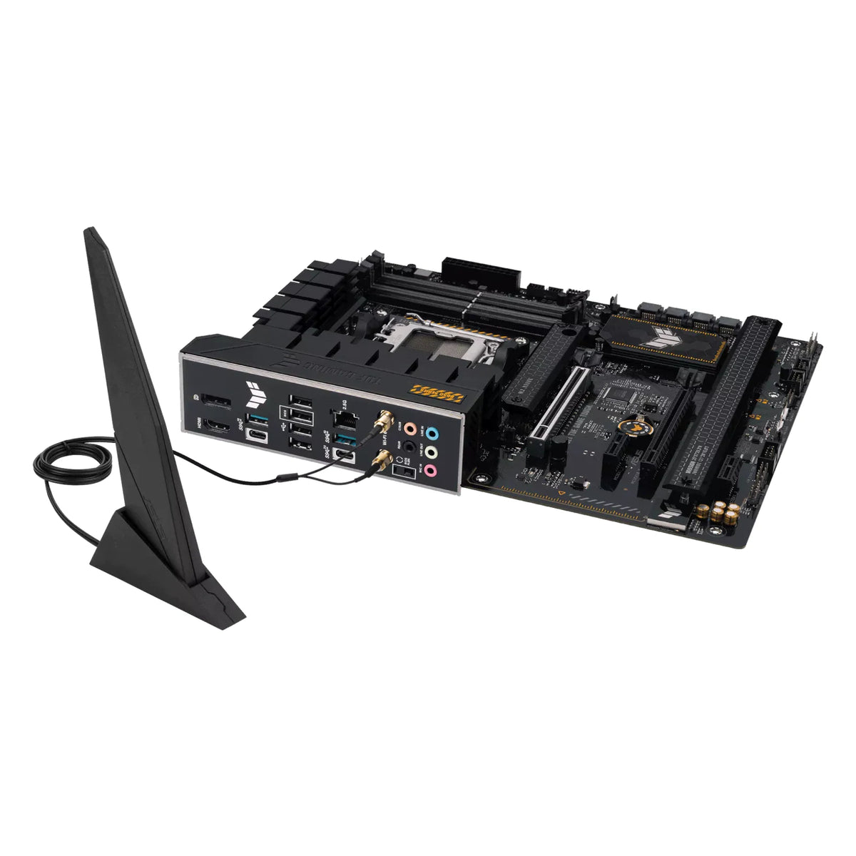 ASUS TUF GAMING B650-PLUS WIFI — vue avec antenne Wi-Fi sur fond blanc carré — réf. 90MB1BZ0-M0EAY0