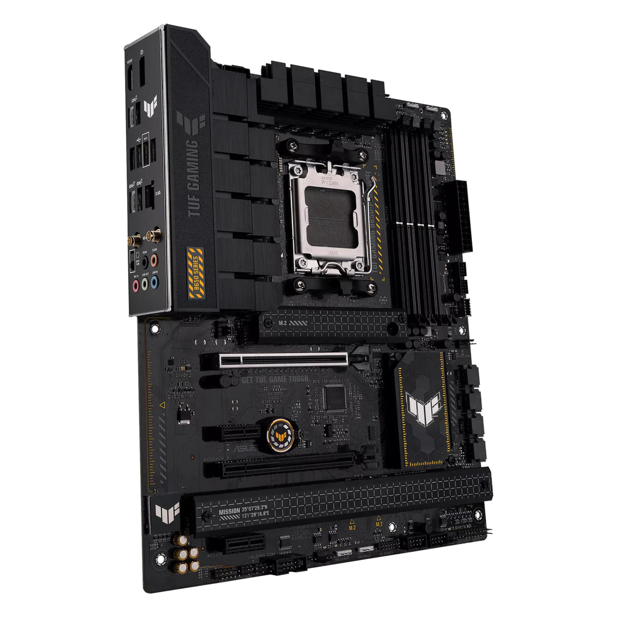 ASUS TUF GAMING B650-PLUS WIFI — vue en perspective à 45 degrés sur fond blanc carré — réf. 90MB1BZ0-M0EAY0