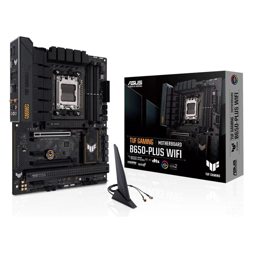 ASUS TUF GAMING B650-PLUS WIFI — vue en perspective à 45 degrés sur fond blanc carré — réf. 90MB1BZ0-M0EAY0