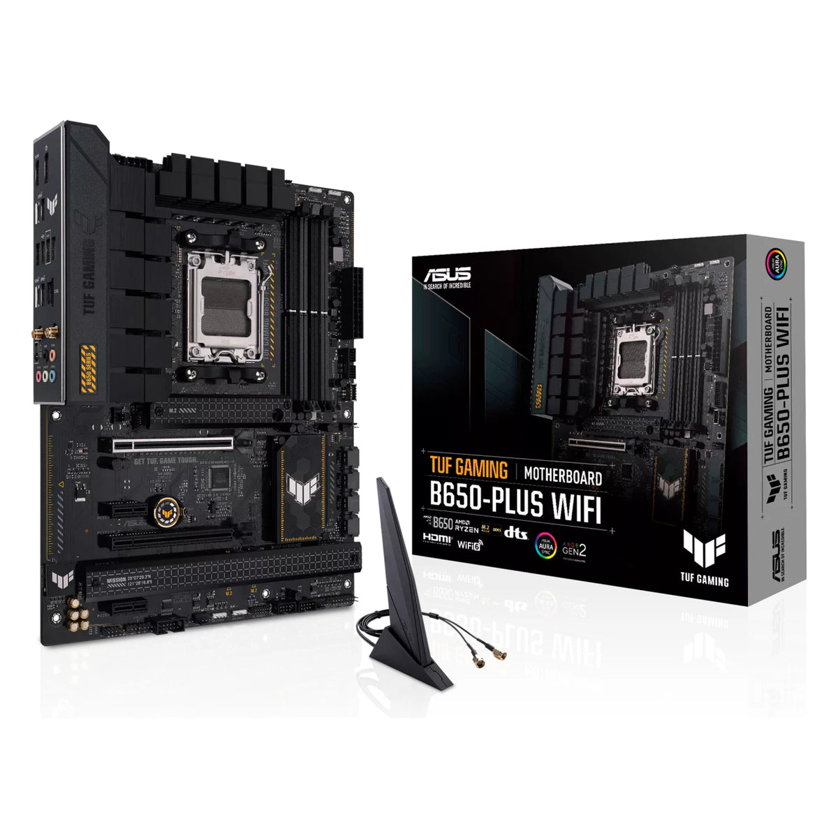 ASUS TUF GAMING B650-PLUS WIFI — vue en perspective à 45 degrés sur fond blanc carré — réf. 90MB1BZ0-M0EAY0