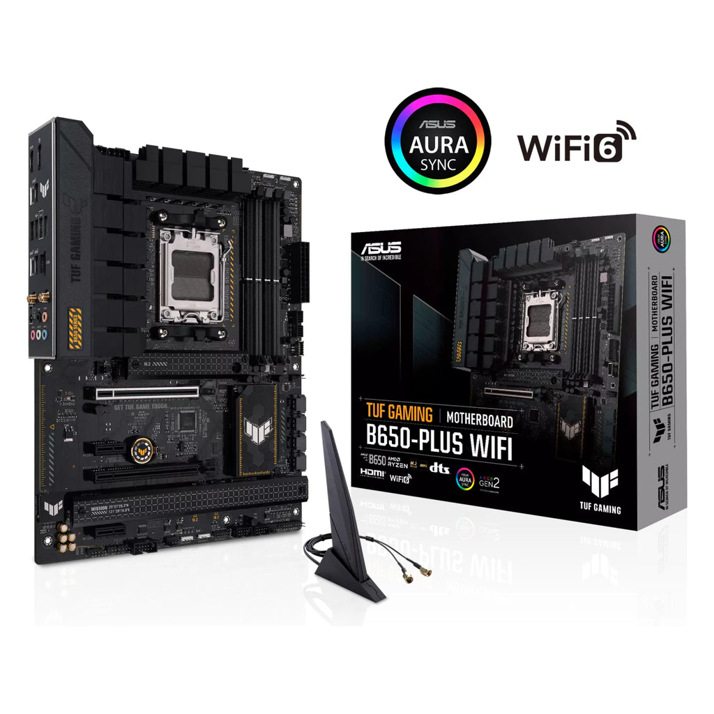 ASUS TUF GAMING B650-PLUS WIFI — vue en perspective à 45 degrés sur fond blanc carré — réf. 90MB1BZ0-M0EAY0