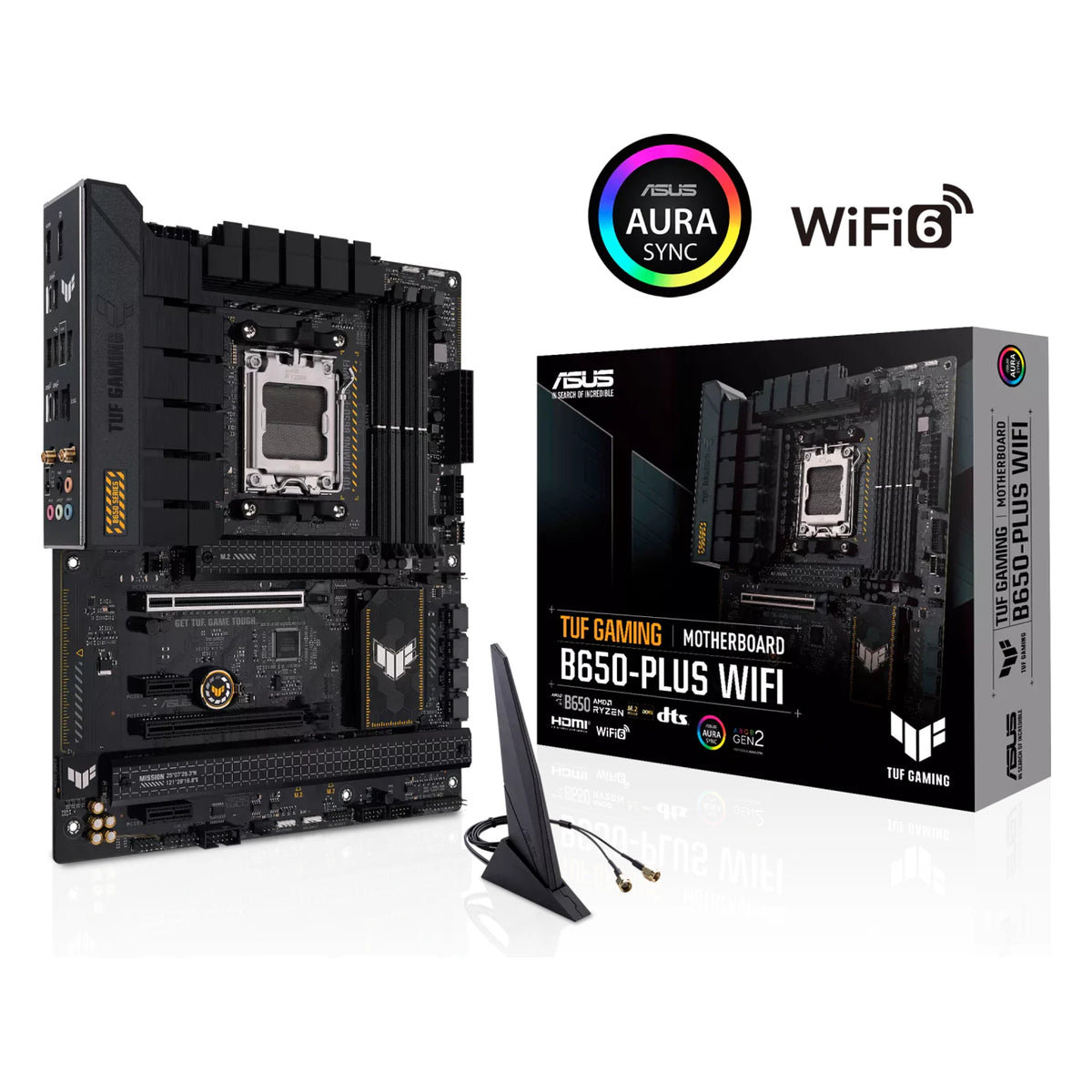 ASUS TUF GAMING B650-PLUS WIFI — vue en perspective à 45 degrés sur fond blanc carré — réf. 90MB1BZ0-M0EAY0